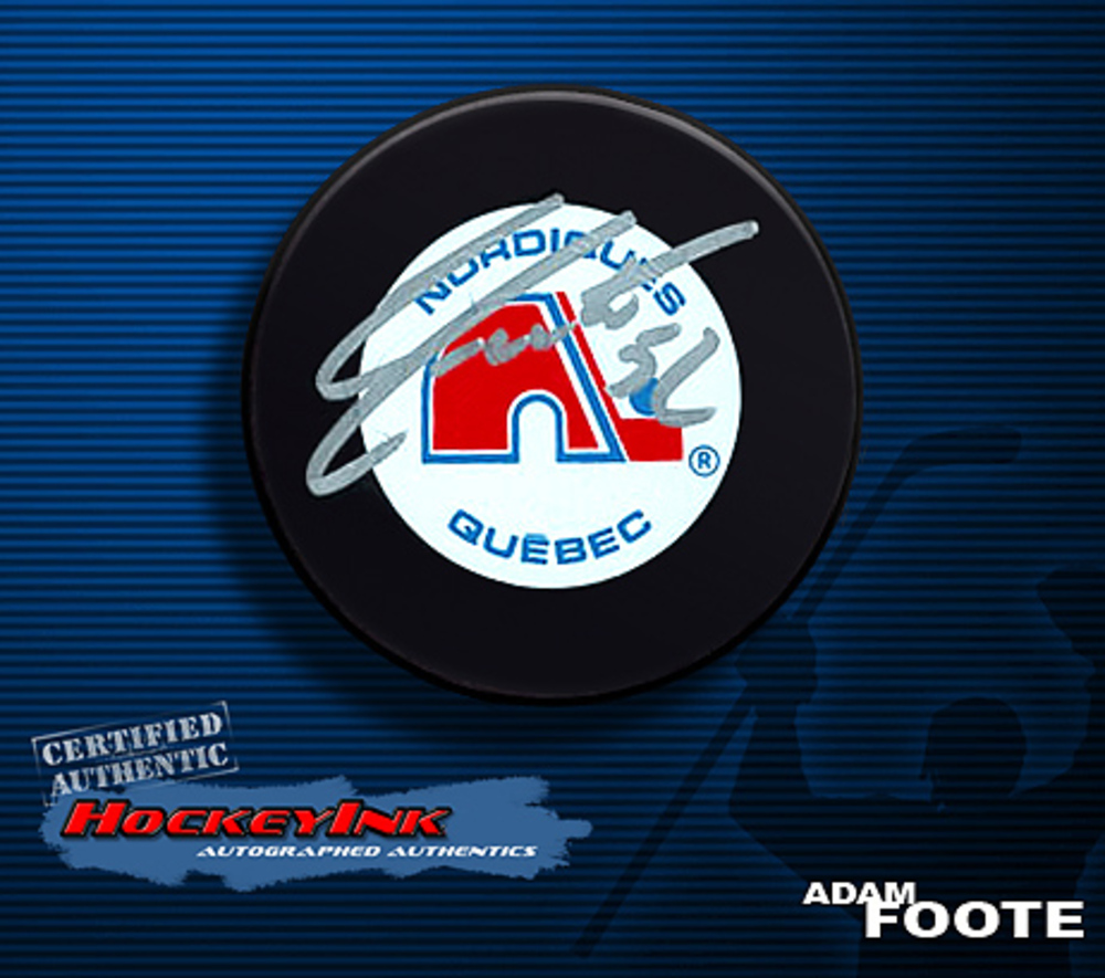 ADAM FOOTE Signed Retro Quebec Nordiques Puck