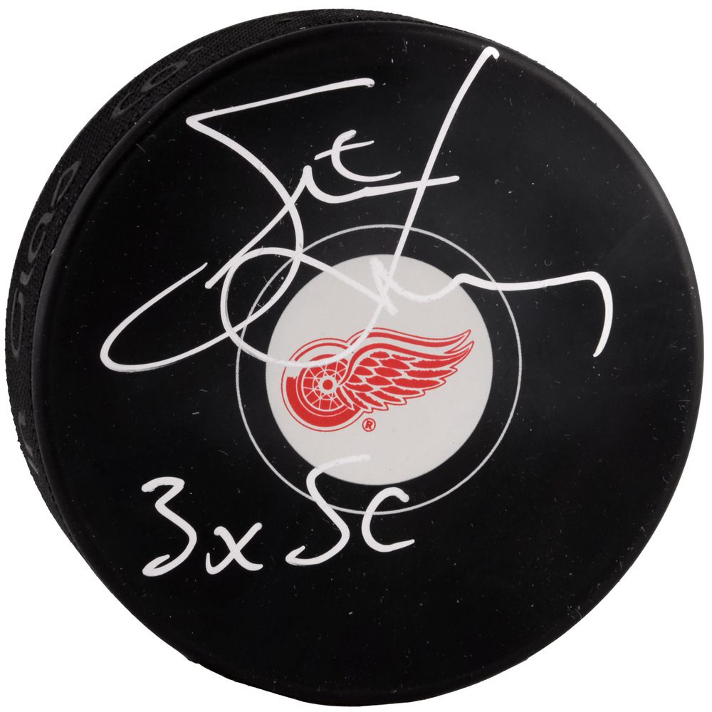 Steve Yzerman Detroit Red Wings Autographed Red Wings Logo Puck with 3X SC Inscription