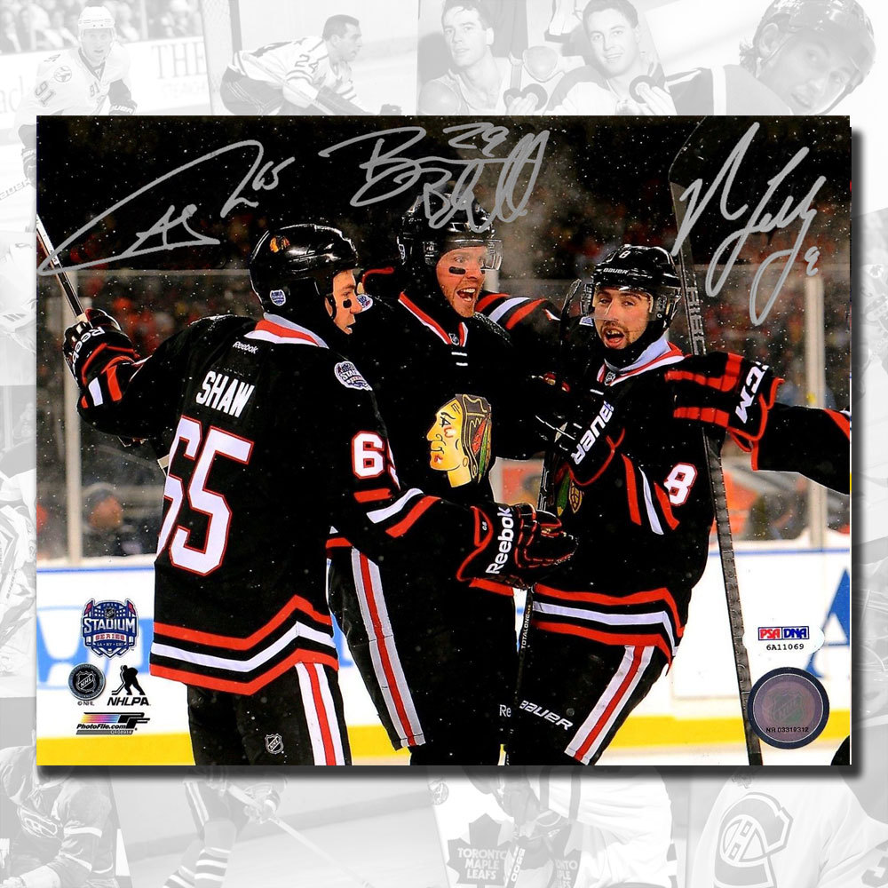 Andrew Shaw, Bryan Bickell & Nick Leddy Chicago Blackhawks 2014 Stadium Series Autographed 8x10