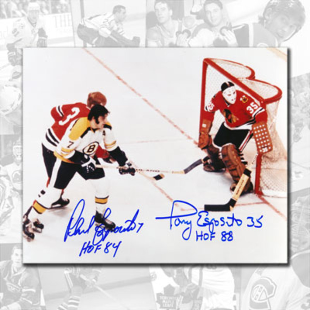 Phil Esposito Boston Bruins vs. Tony Esposito Chicago Blackhawks HOF Dual Autographed 8x10