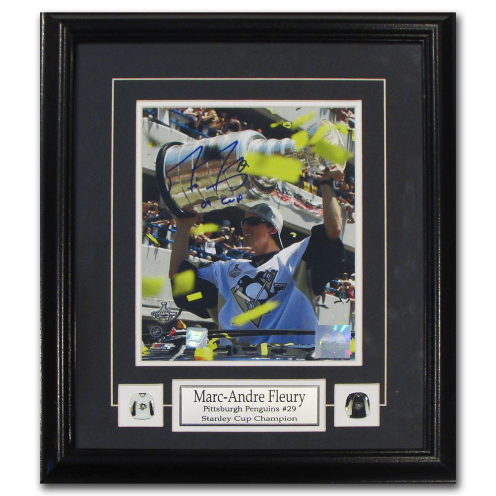 Marc-Andre Fleury Autographed Pittsburgh Penguins Framed 8X10 Photo w/09 CUP Inscription