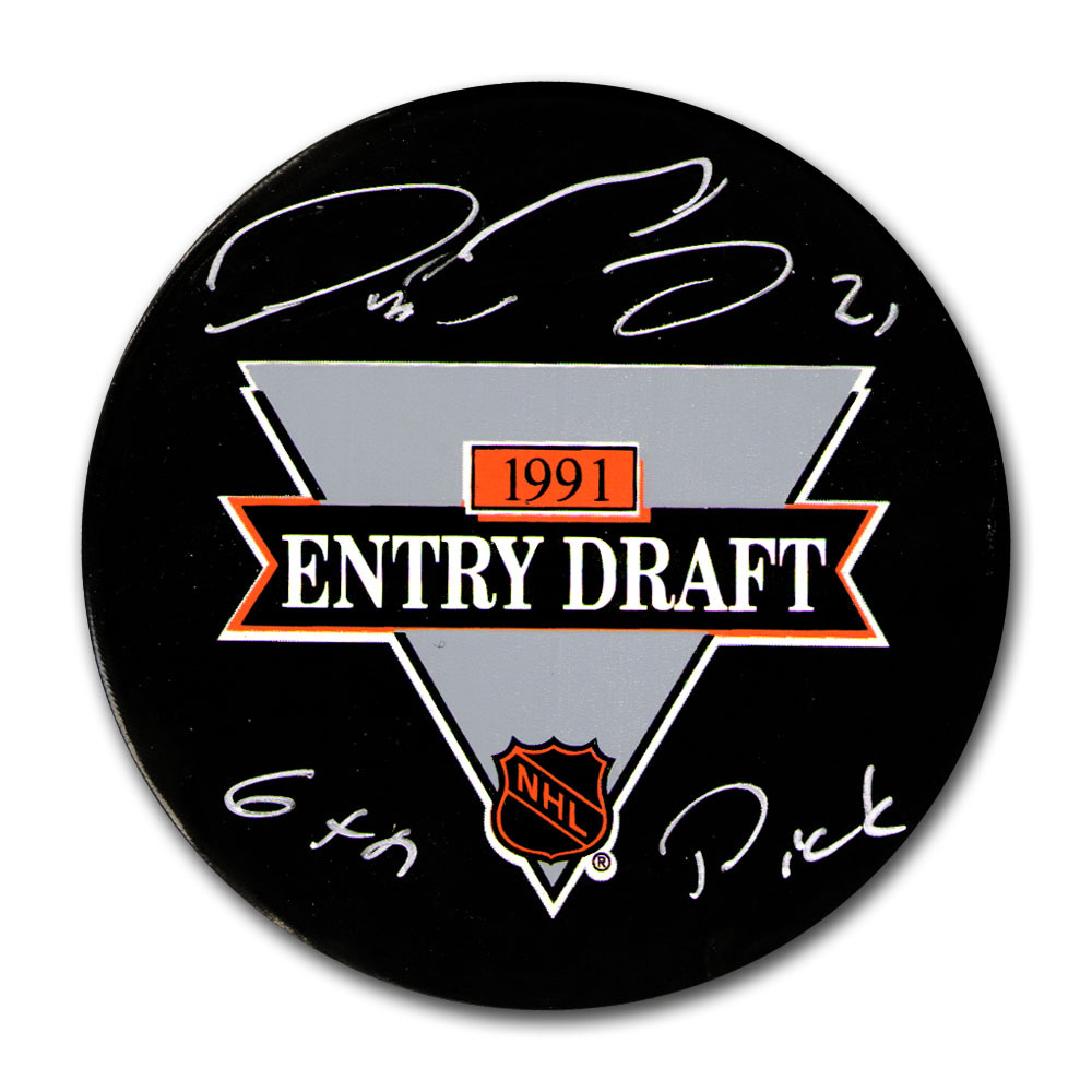 2014 HOF Inductee - Peter Forsberg Autographed 1991 NHL Entry Draft Puck w/6TH PICK Inscription (Colorado Avalanche)