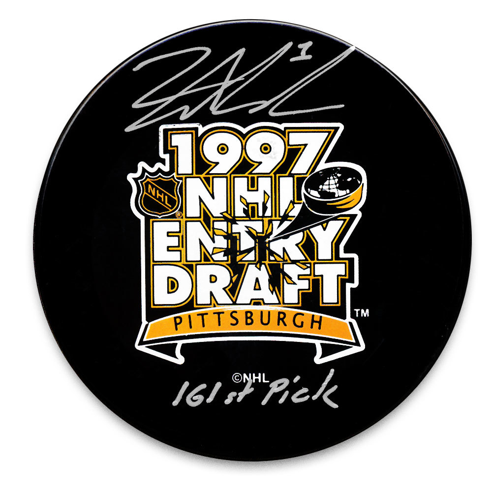 David Aebischer 1997 NHL Draft Day 161st Pick Autographed Puck Colorado Avalanche