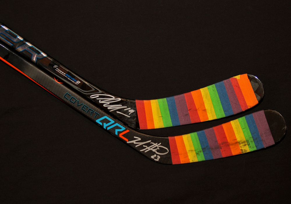 Patrick Maroon #19 & Matt Hendricks #23 - Autographed 2016-17 Edmonton Oilers You Can Play Night Pre-Game Warm Up Used Sticks With Pride Tape