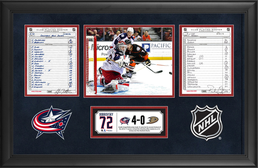 Columbus Blue Jackets Framed Original Line-Up Cards From October 28, 2016 vs. Anaheim Ducks - Sergei Bobrovsky's 35-Save Shutout