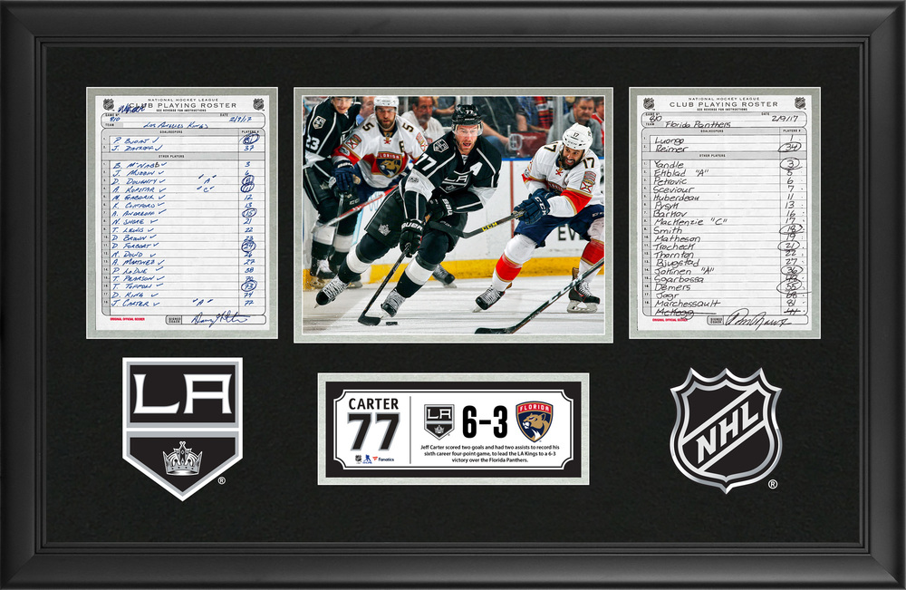 LA Kings Framed Original Line-Up Cards From February 9, 2017 vs. Florida Panthers - Jeff Carter's Sixth Career Four-Point Game