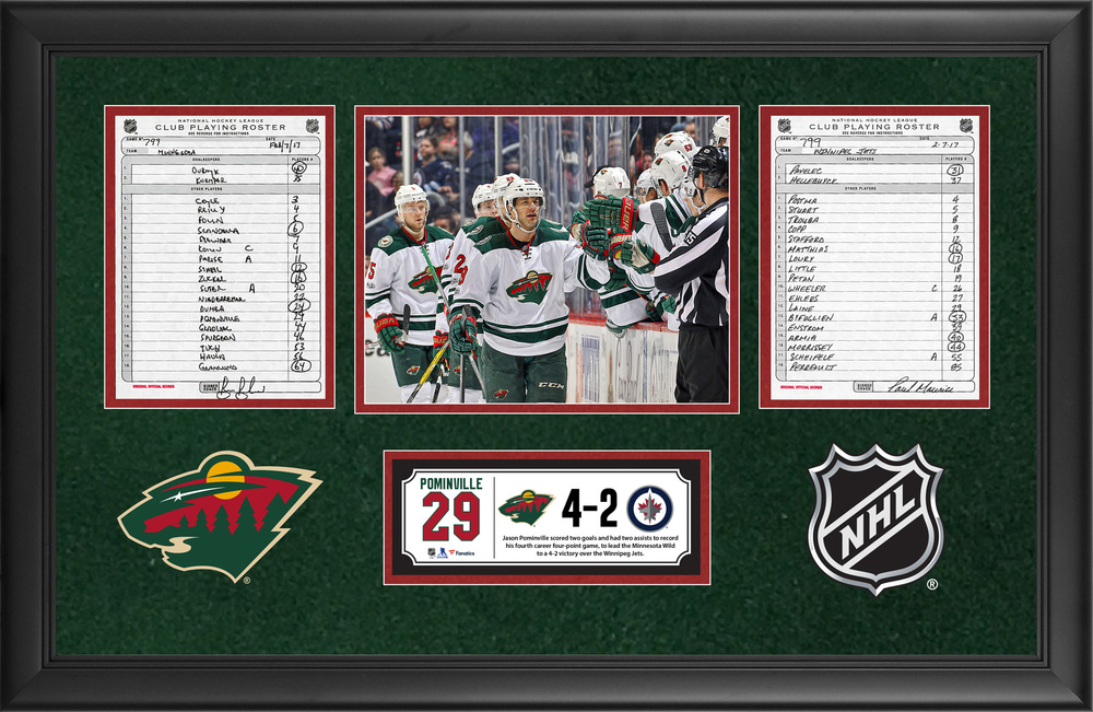 Minnesota Wild Framed Original Line-Up Cards From February 7, 2017 vs. Winnipeg Jets - Jason Pominville's Fourth Career Four-Point Game