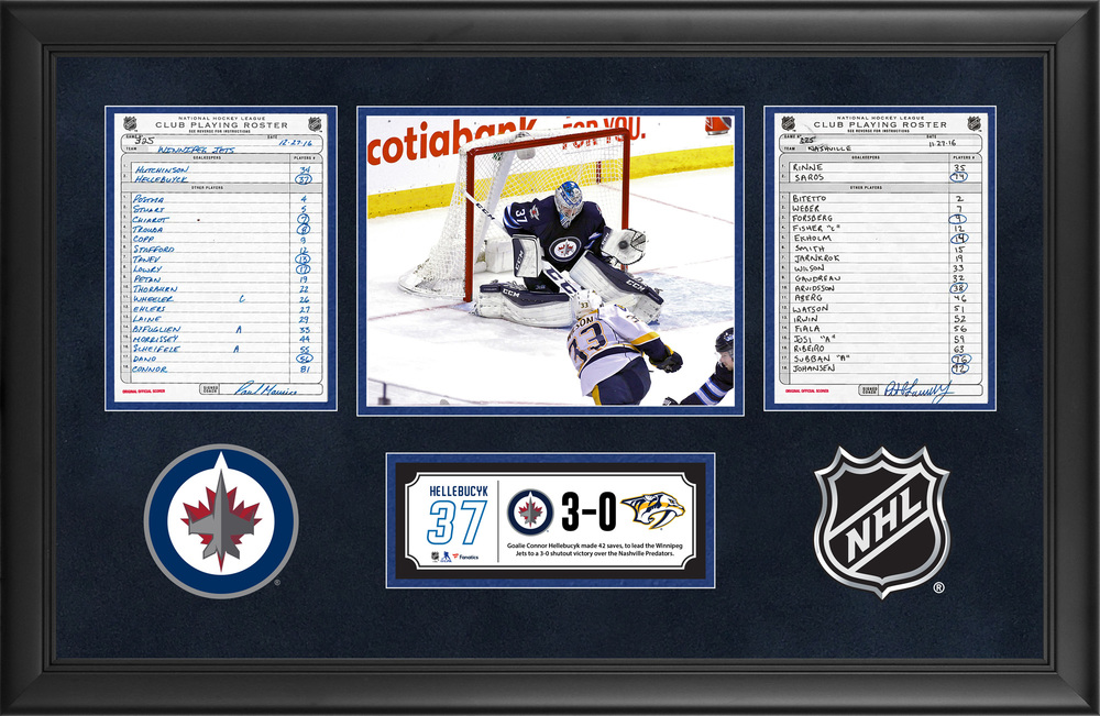 Winnipeg Jets Framed Original Line-Up Cards From November 27, 2016 vs. Nashville Predators - Connor Hellebucyk's 42-Save Shutout