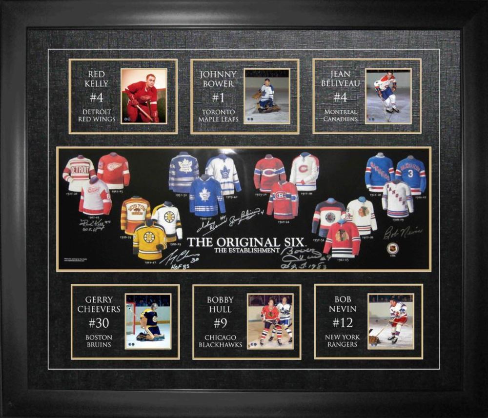 Bower,Cheevers,Kelly,Beliveau,Hull,Nevin Signed Orig.6 Jerseys Framed Print