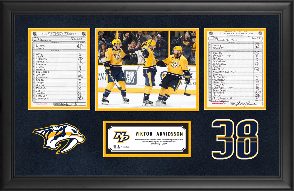 Nashville Predators Framed Original Line-Up Cards From February 11, 2017 vs. Florida Panthers - Viktor Arvidsson's First Career Hat Trick