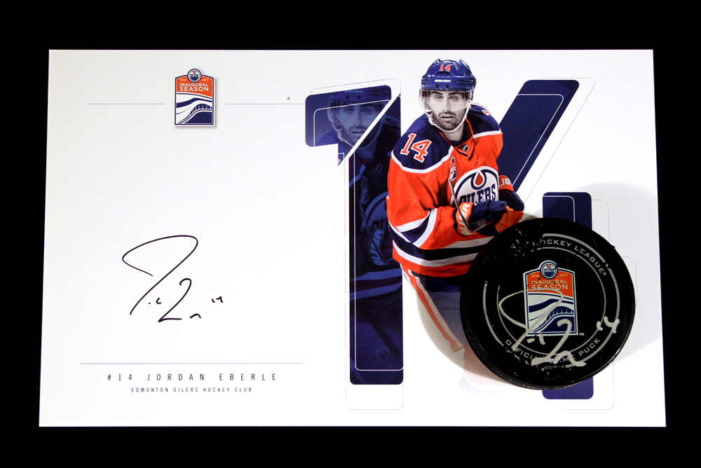 Jordan Eberle #14 - Autographed 154th NHL Career Regular Season Edmonton Oilers Goal Puck Scored On January 18th, 2017 vs the Florida Panthers - Includes Autographed Oversize Player Card!