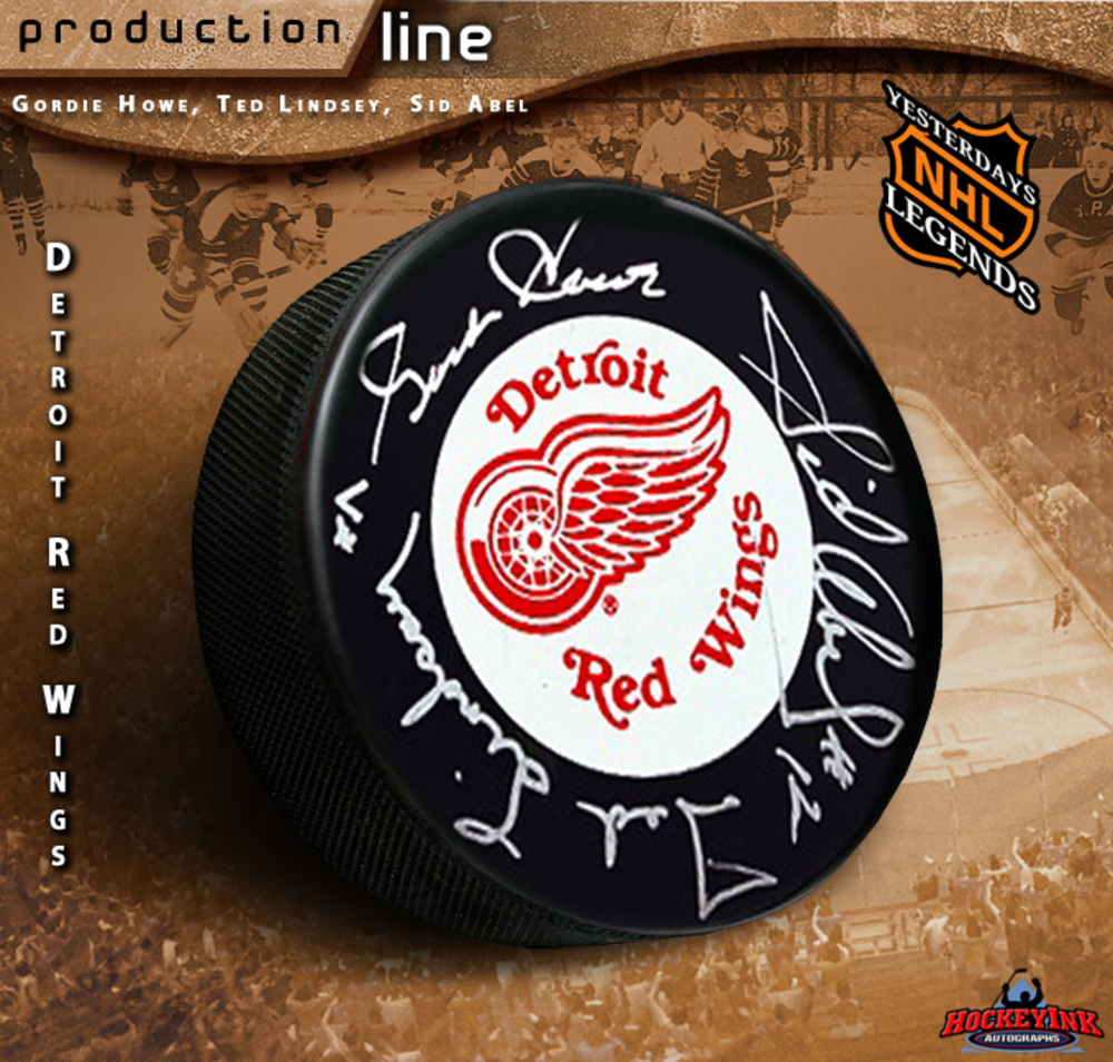PRODUCTION LINE - HOWE, LINDSAY, ABEL Signed Detroit Red Wings Puck
