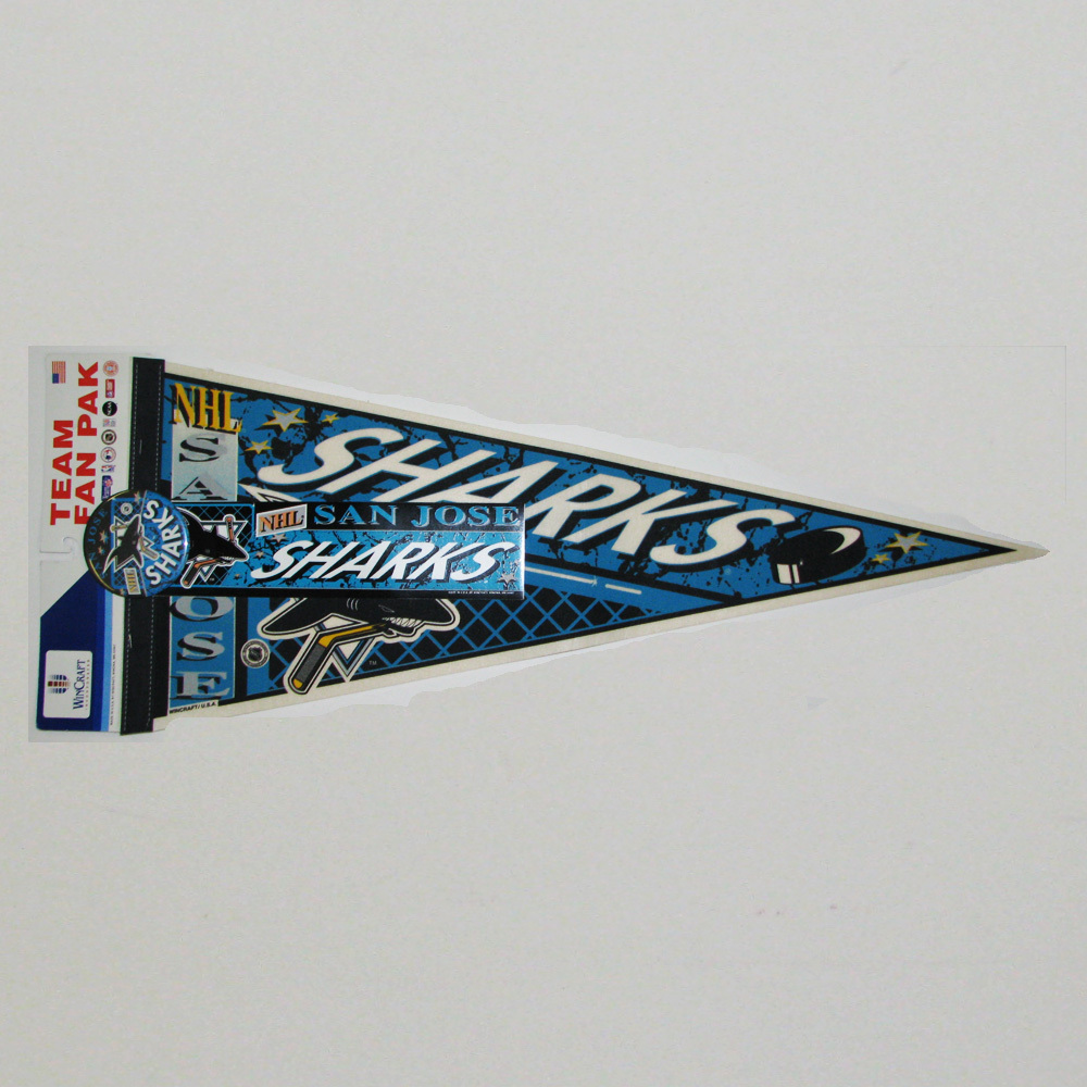 Vintage NHL Official SAN JOSE SHARKS Fan Pack - Pennant, Bumper Sticker & Badge - NOS