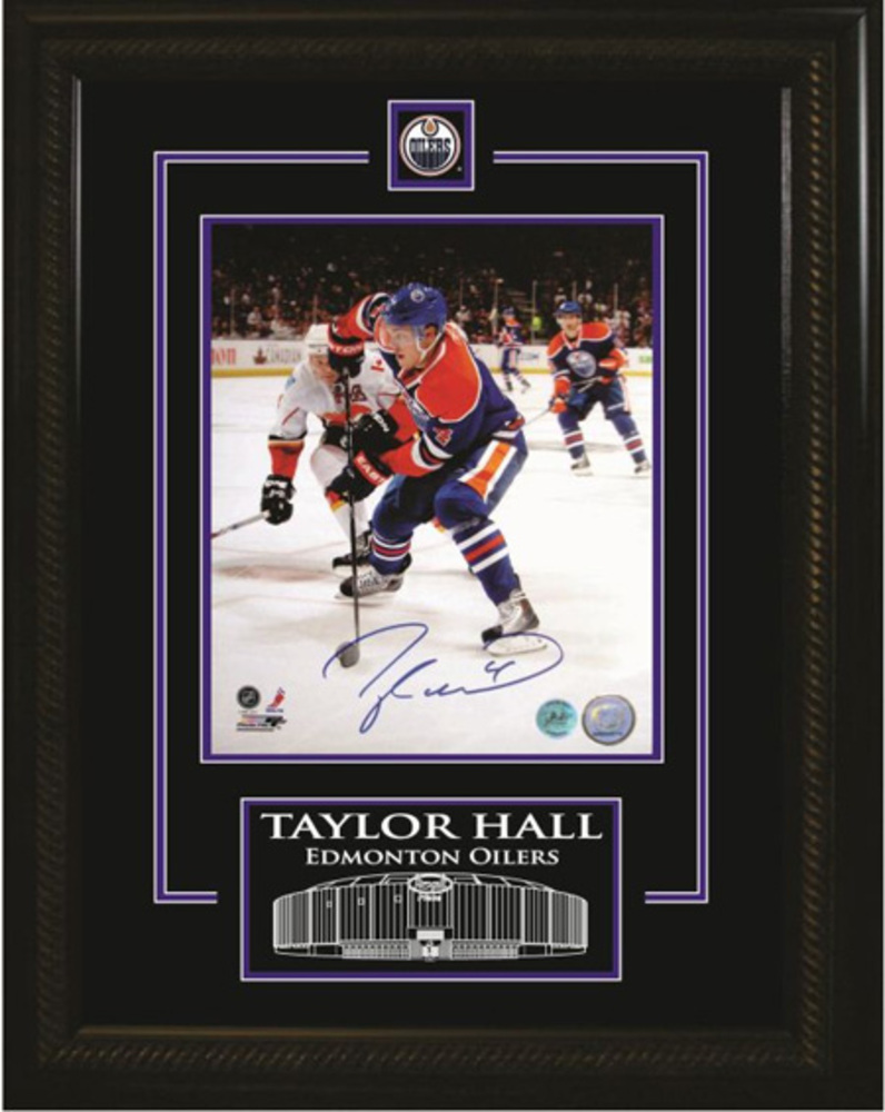 Taylor Hall SIgned 8x10 Etched Mat Oilers Vertical Dark Action