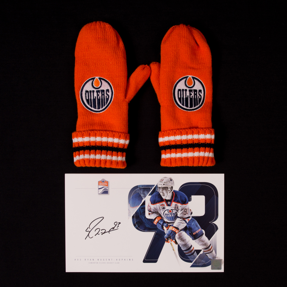 Ryan Nugent-Hopkins #93 - Autographed Edmonton Oilers Player Card And Pair Of Hockey Fights Cancer Mittens