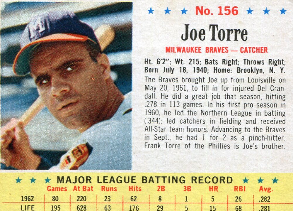 1963 Post #156 Joe Torre -- scrapbook residue on back