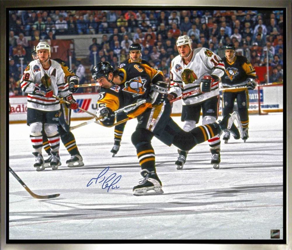 Mario Lemieux Signed, Framed 20 x 24 Canvas with Pittsburgh - Shooting Image