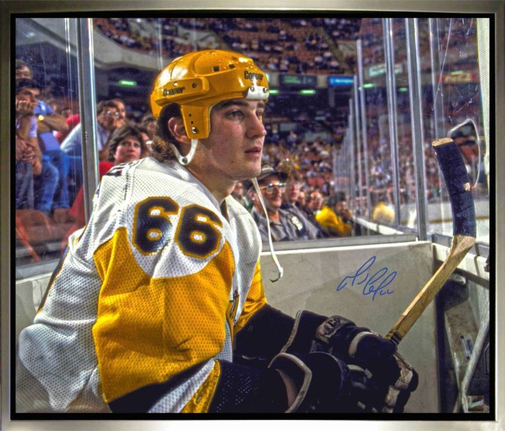 Mario Lemieux Signed, Framed 20 x 24 Canvas with Pittsburgh - Looking On Image