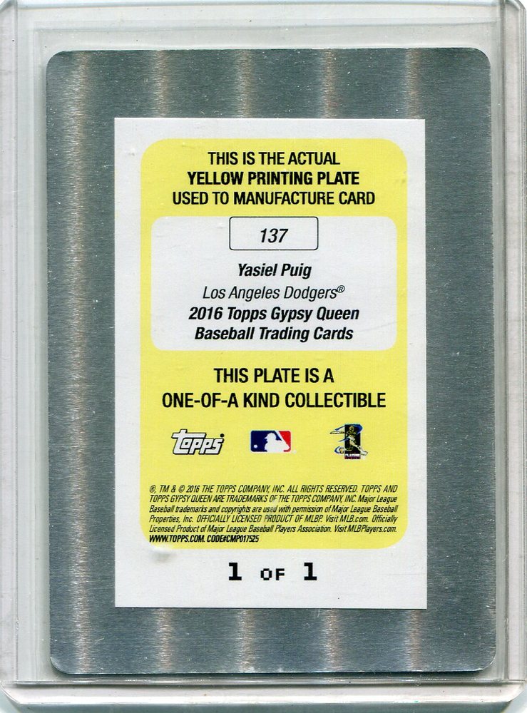 2016 Topps Gypsy Queen Printing Plates Yellow #137 Yasiel Puig 1/1