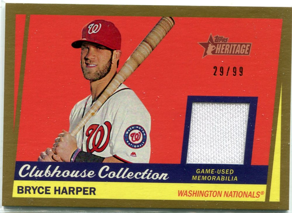 2016 Topps Heritage Clubhouse Collection Relics Gold game worn jersey Bryce Harper 29/99