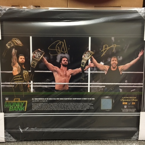 Roman Reigns, Dean Ambrose, & Seth Rollins SIGNED Money In The Bank 2016 13 x 21 Framed Ring Canvas Photo Collage