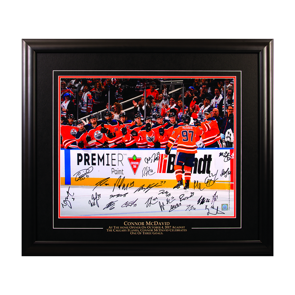 2017-18 Edmonton Oilers Team Autographed & Framed Connor McDavid Goal Celebration 16x20 Photo From The Oilers Season Opener