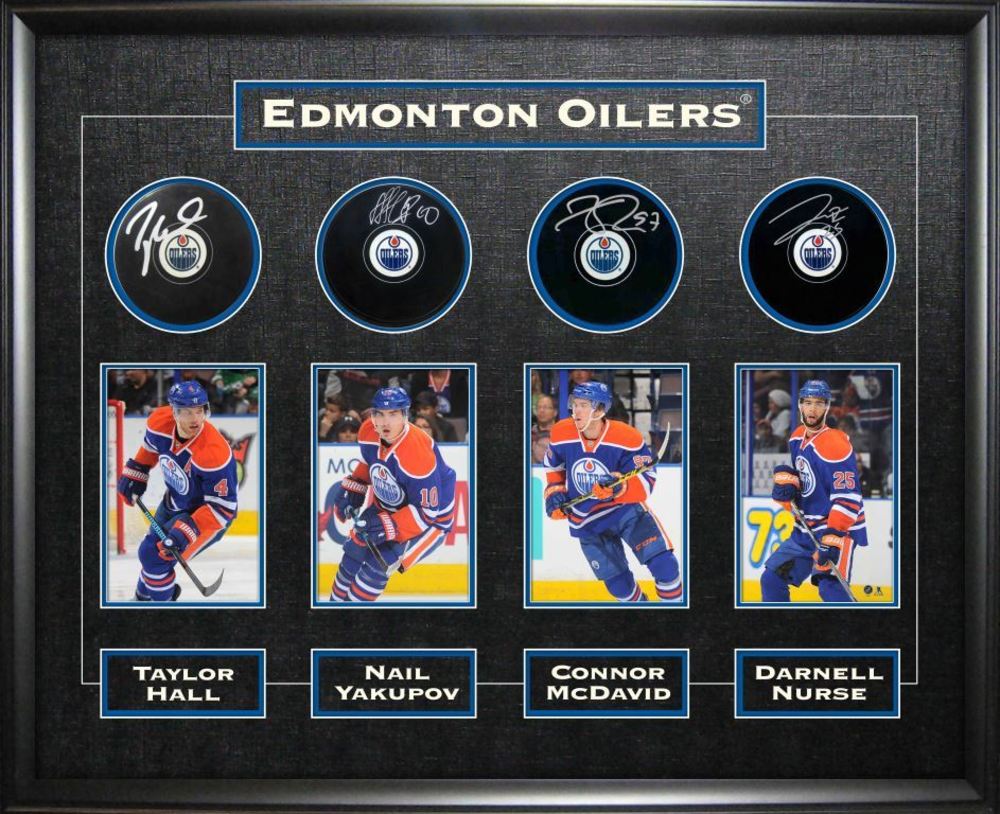 Connor McDavid, Taylor Hall, Nail Yakupov & Darnell Nurse - Signed & Framed Edmonton Oilers Pucks - Featuring Action Photo Collection