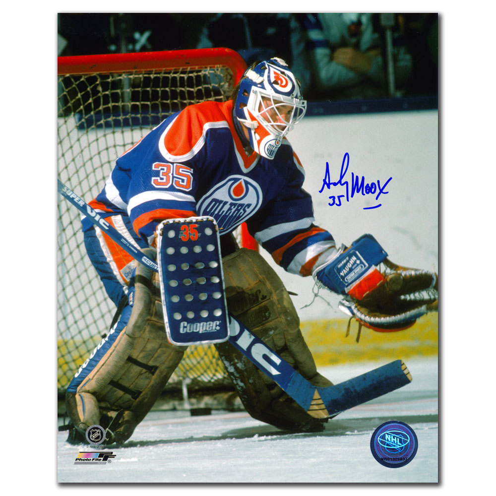 Andy Moog Edmonton Oilers Oil Drop Mask Autographed 8x10