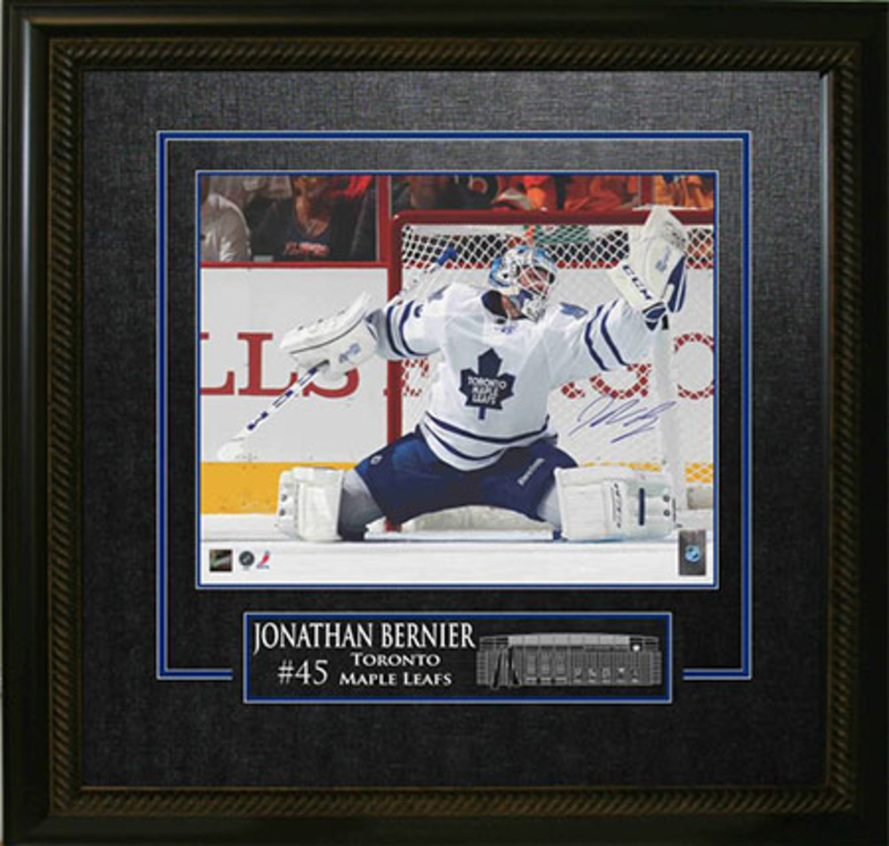 Jonathan Bernier Signed 16x20 Etched Mat Leafs White Jersey Save
