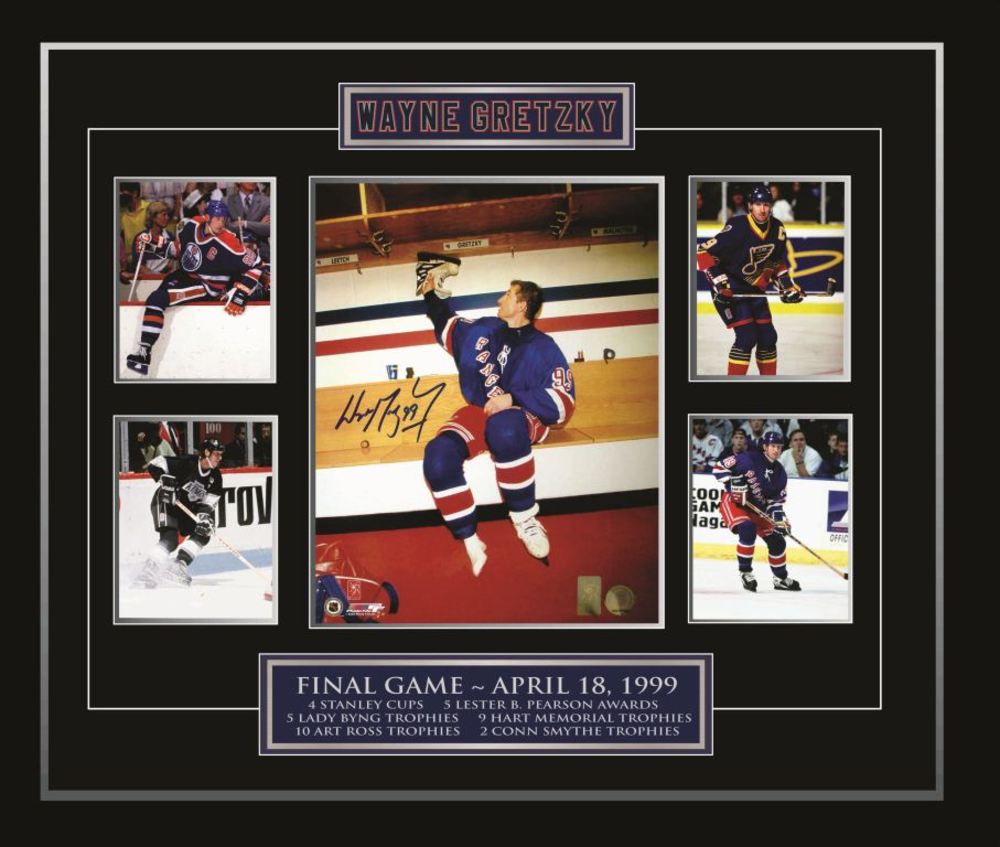 Gretzky Signed 11x14 wMini Photos & Plates Hanging Up Skates