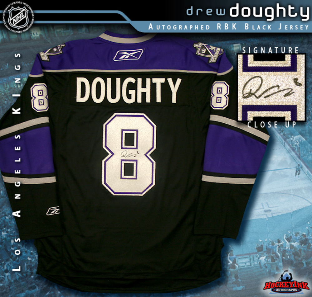DREW DOUGHTY Signed Los Angeles Kings RBK Black Jersey with Silver Lettering