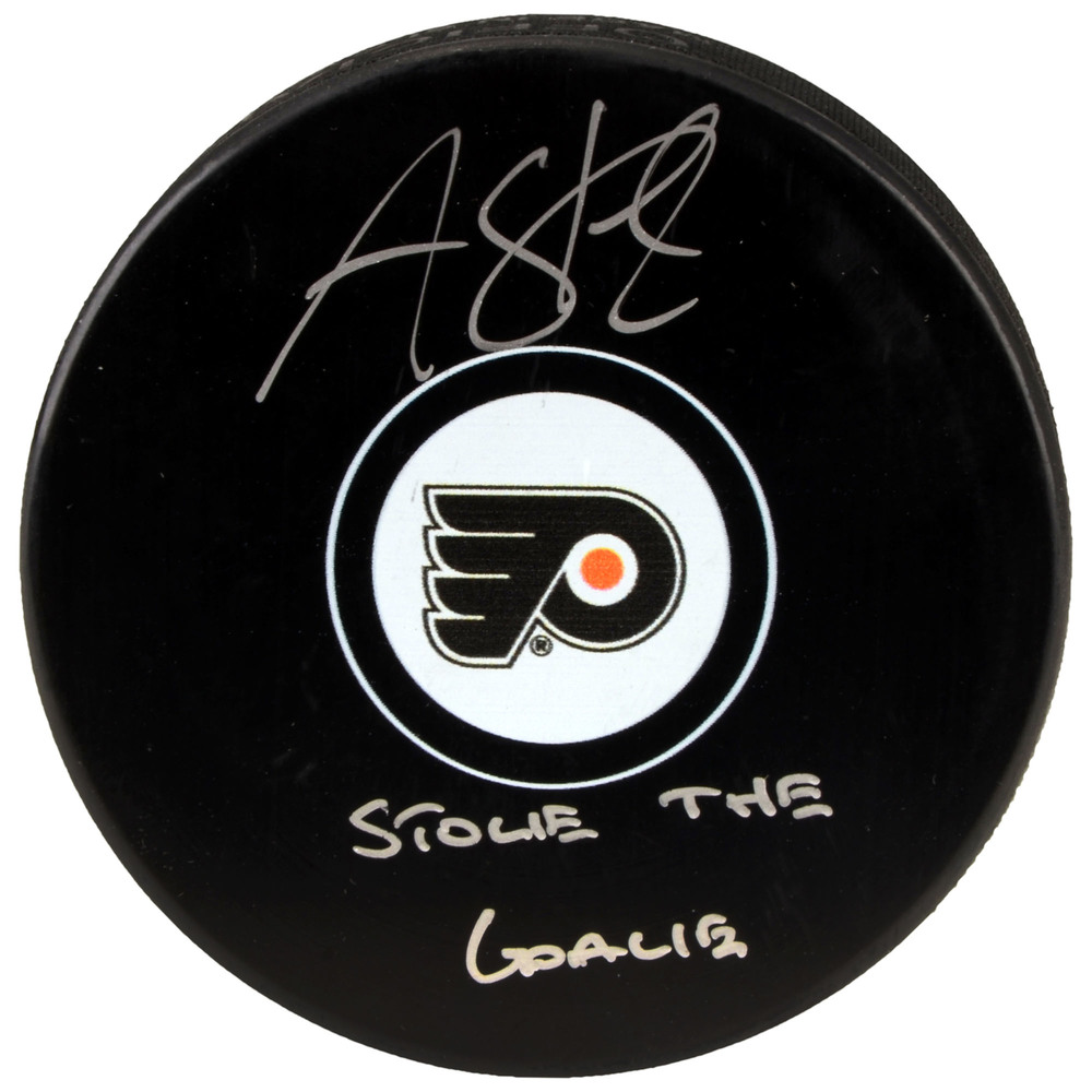 Anthony Stolarz Philadelphia Flyers Autographed Hockey Puck with Stolie The Goalie Inscription