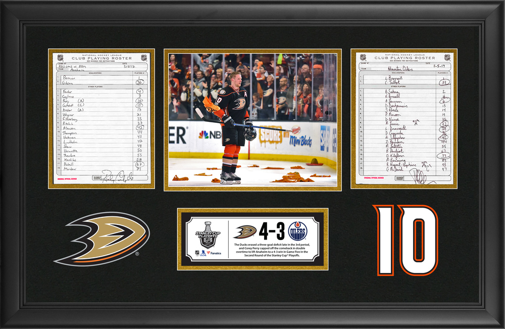 Anaheim Ducks Framed Original Line-Up Cards From May 5, 2017 vs. Edmonton Oilers - Corey Perry Scores Game-Winning Goal in Double Overtime