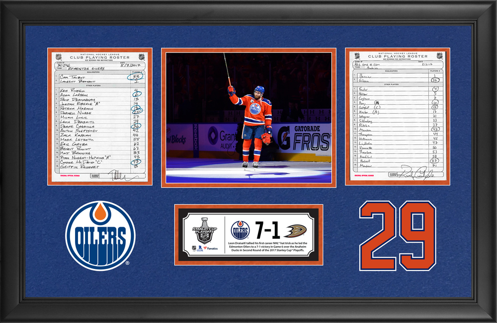 Edmonton Oilers Framed Original Line-Up Cards From May 7, 2017 vs. Anaheim Ducks - Leon Draisaitl's First Career NHL Hat Trick