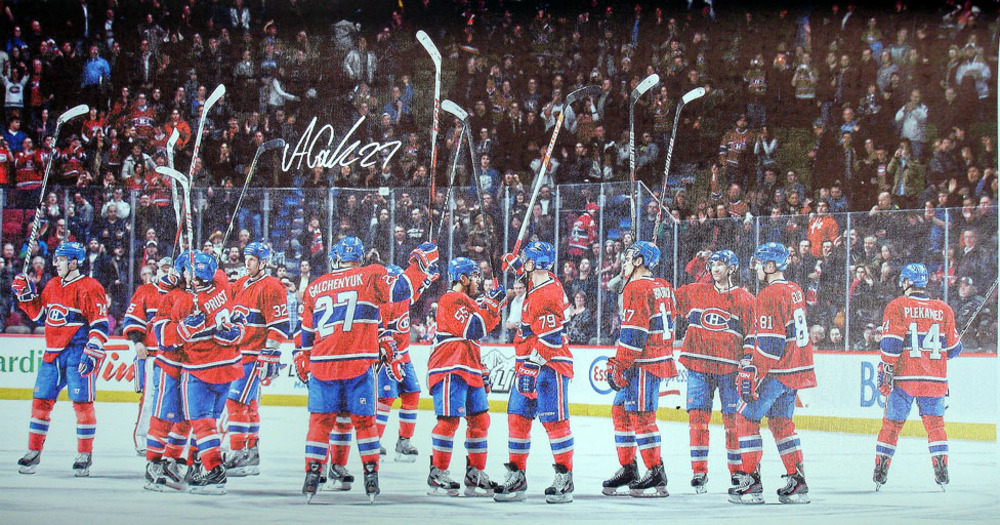 Alex Galchenyuk - Signed 14x28 Canvas - Montreal Canadiens Team Stick Salute