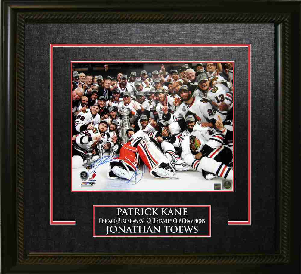 Patrick Kane & Jonathan Toews - Dual Signed & Framed 16x20 Etched Mat - Team Celebration