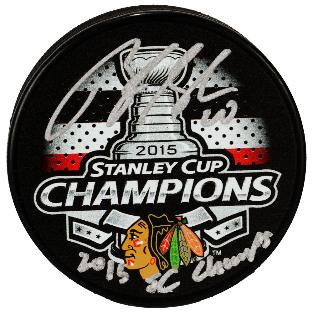 Brandon Saad Chicago Blackhawks 2015 Stanley Cup Champions Autographed 2015 Stanley Cup Champions Logo Hockey Puck with 2015 SC Champs Inscription