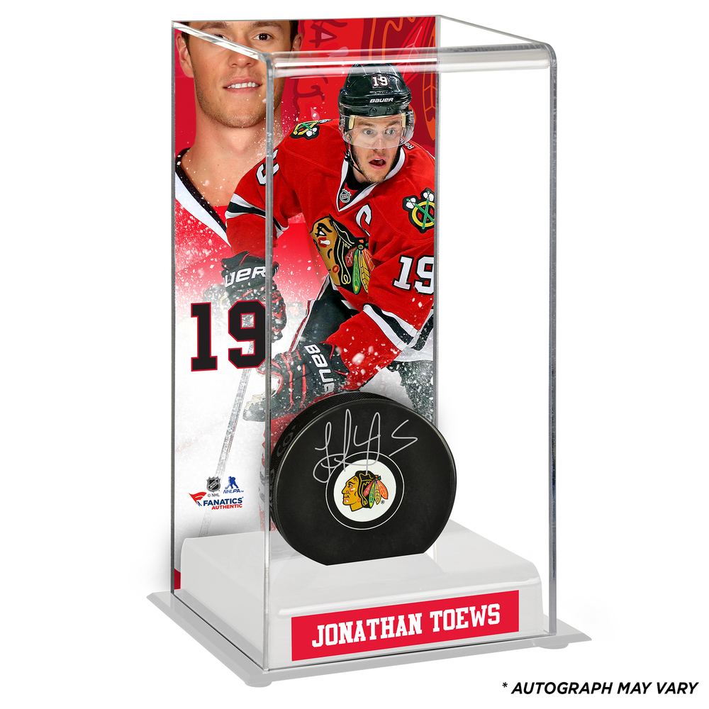 Jonathan Toews Chicago Blackhawks Autographed Puck with Deluxe Tall Hockey Puck Case - Frameworth
