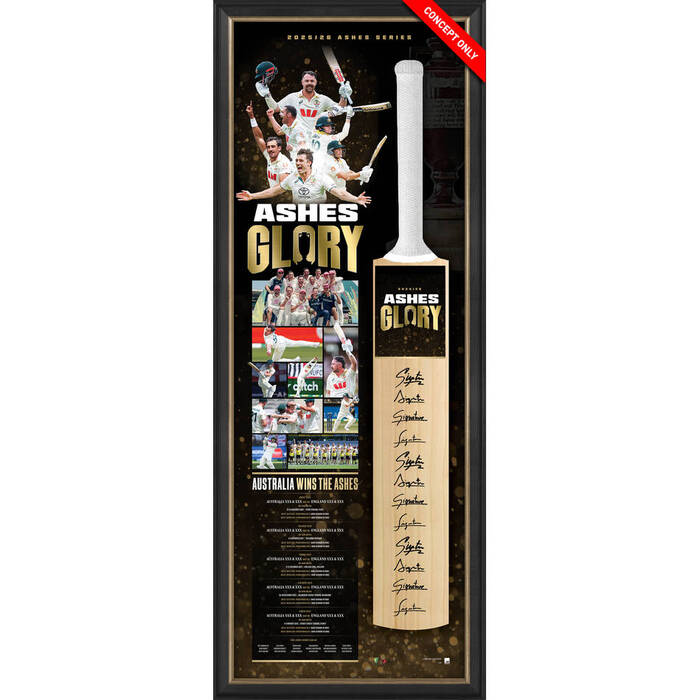 Australian 25/26 Ashes Glory Team Signed Bat Display