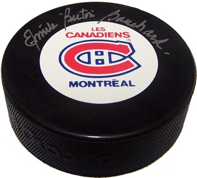 Emile Bouchard Autographed Montreal Canadiens Game Puck