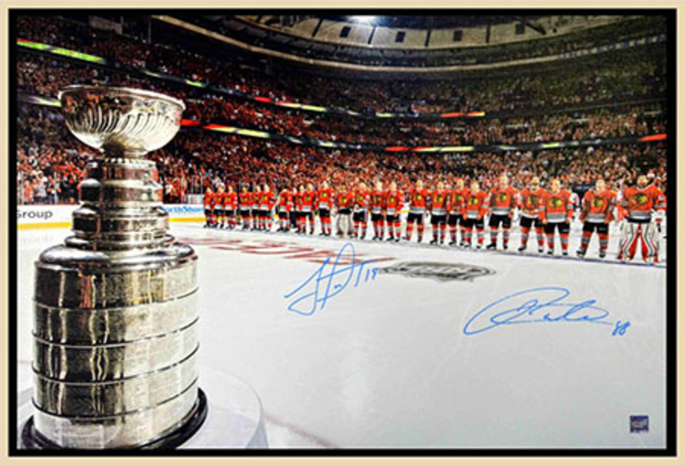 Patrick Kane & Jonathan Toews - Dual Signed & Framed 20x29 Canvas - Chicago Blackhawks Cup & Team Lineup