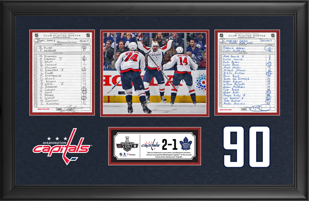 Washington Capitals Framed Original Line-Up Cards From April 23, 2017 vs. Toronto Maple Leafs - Marcus Johansson Scores Overtime Game-Winning Goal