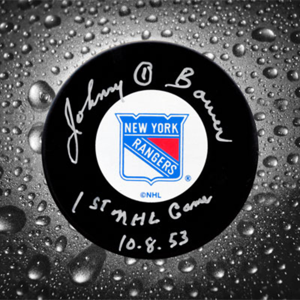 Johnny Bower New York Rangers Autographed Puck w/ 1st NHL Game 10-8-53 Inscription