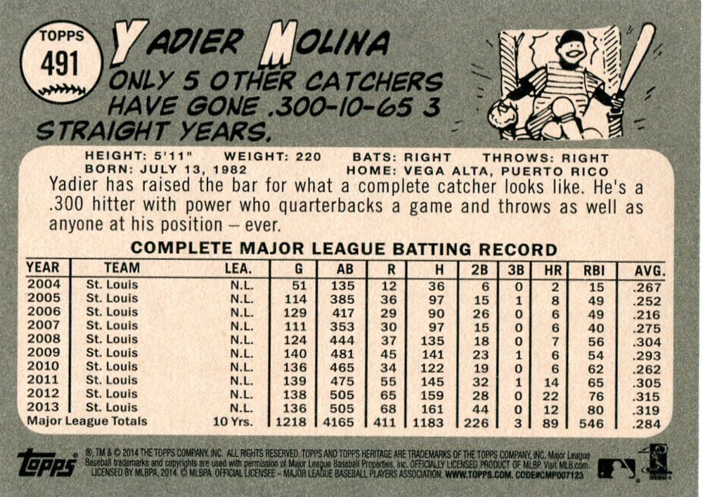 2014 Topps Heritage Black Back #491 Yadier Molina