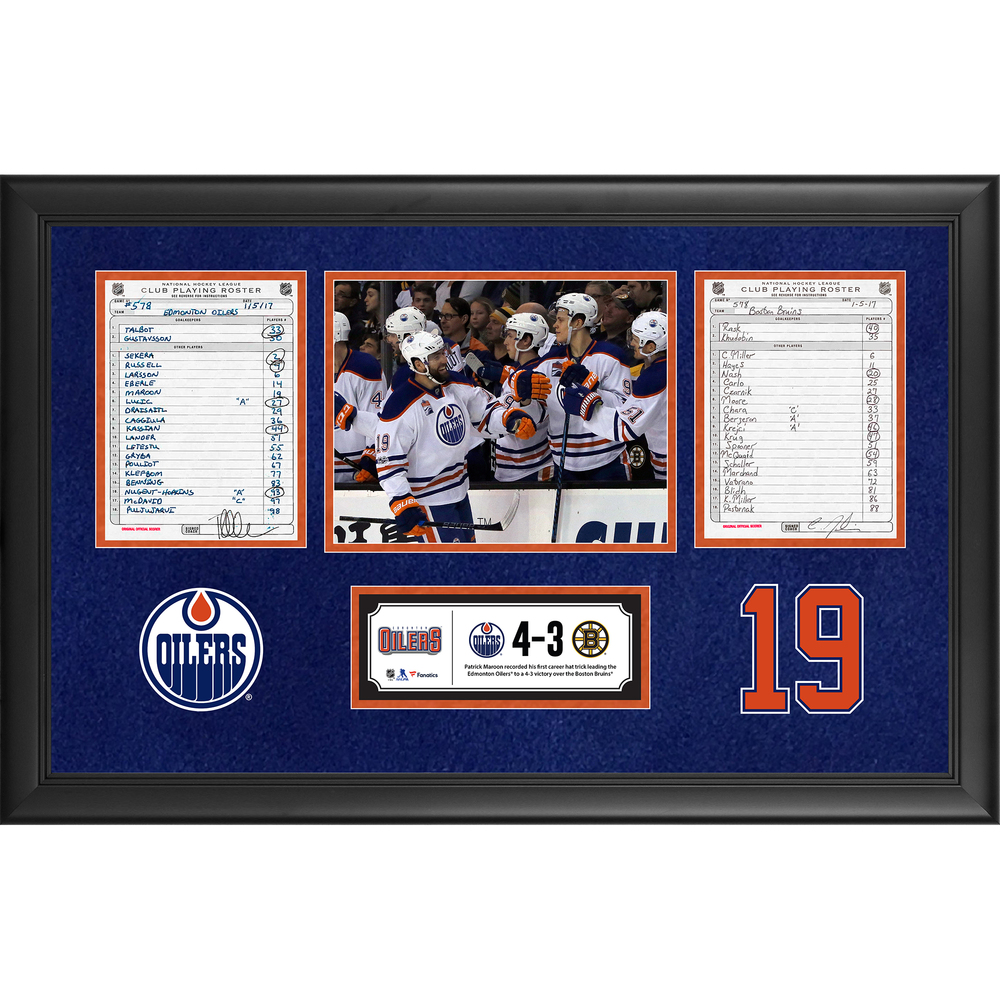 Edmonton Oilers Framed Original Line-Up Cards From January 5, 2017 vs. Boston Bruins - Patrick Maroon's First Career Hat Trick