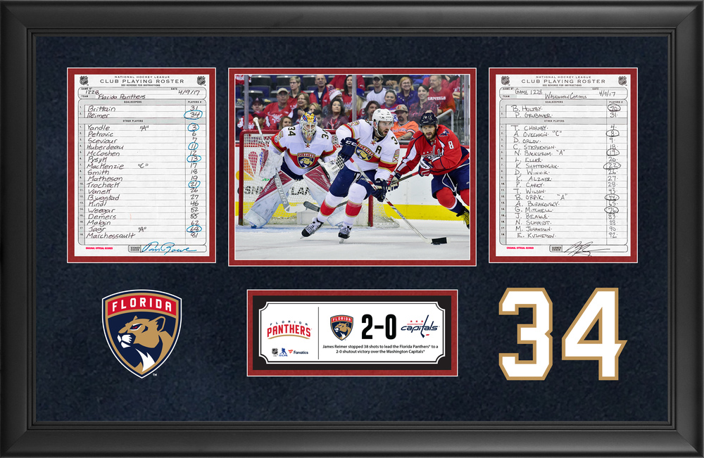 Florida Panthers Framed Original Line-Up Cards From April 9, 2017 vs. Washington Capitals - James Reimer's 38-Save Shutout