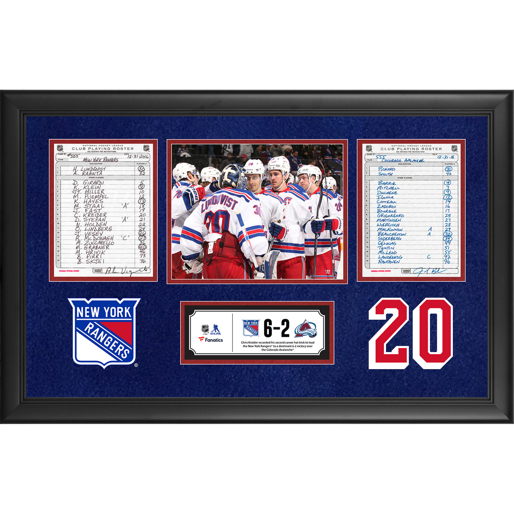 New York Rangers Framed Original Line-Up Cards From December 31, 2016 vs. Colorado Avalanche - Chris Kreider's Second Career Hat Trick