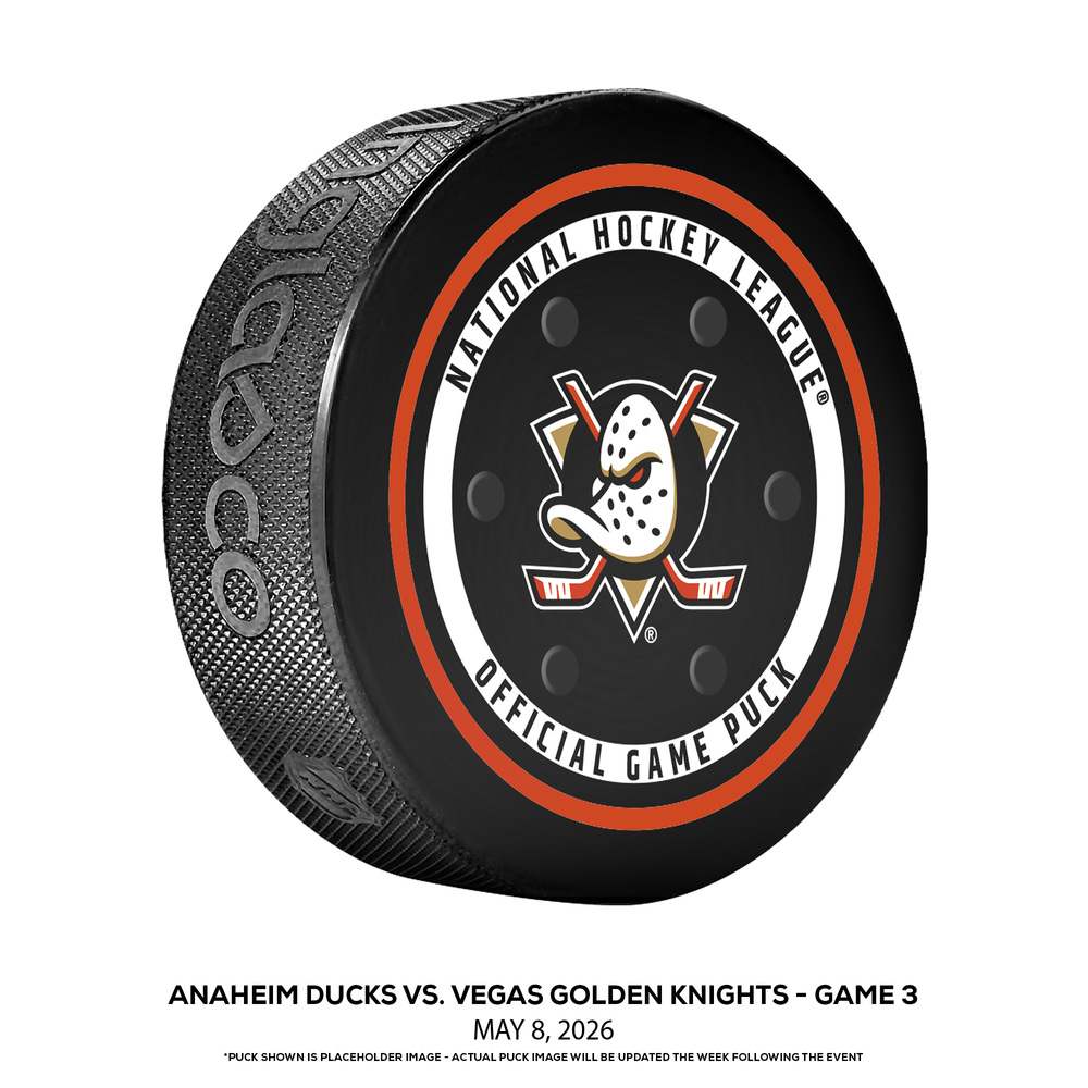 Vegas Golden Knights vs. Anaheim Ducks Game-Used Puck from Game 3 of the Second Round of the 2026 Stanley Cup Playoffs on May 8, 2026 - Mitch Marner (VGK) 1st Career Stanley Cup Playoff Hat Trick During Game (Not a Goal Puck)