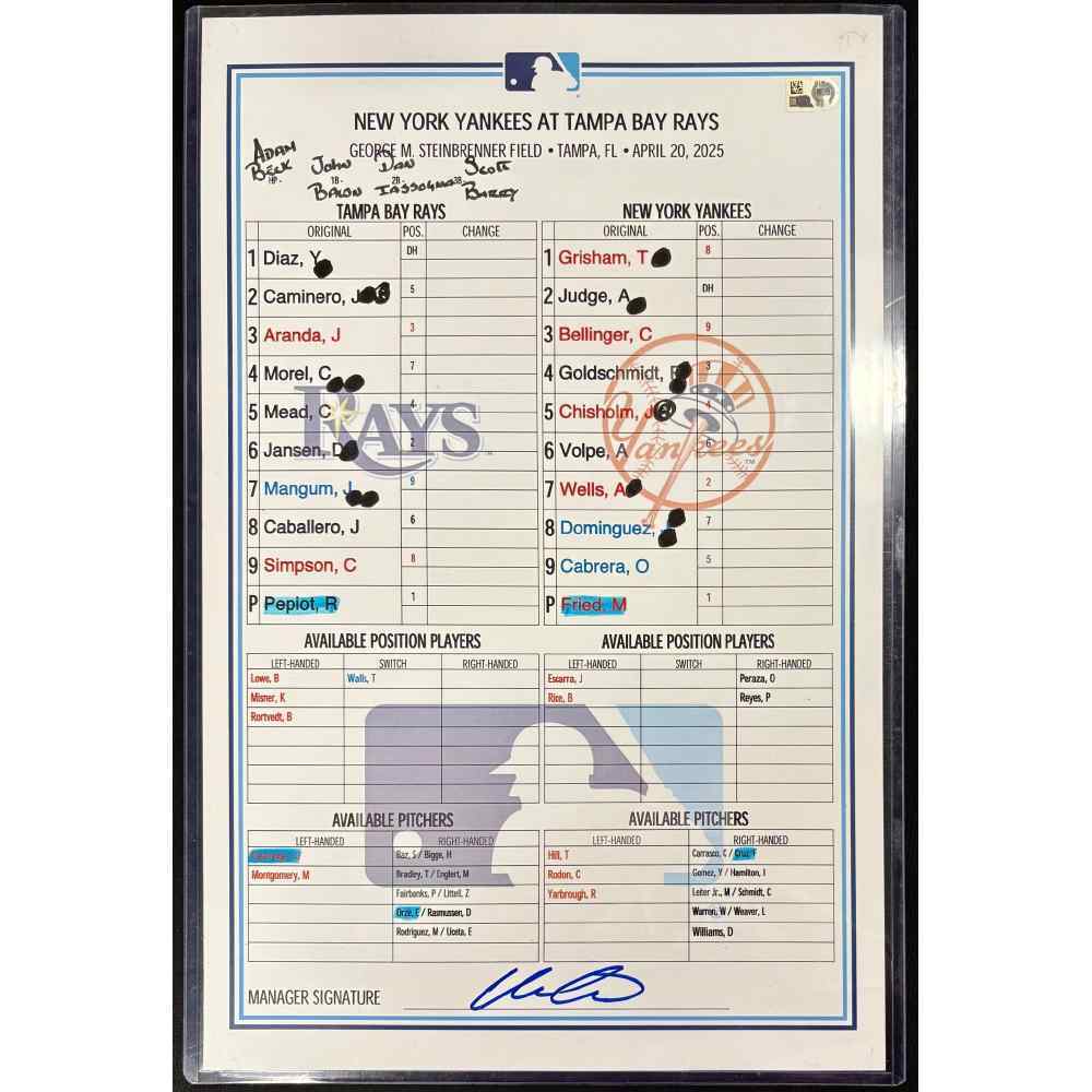 2015 MLB GAME USED LINE-UP CARDラインナップカード Game Used Lineup Card: Tampa Bay Rays v New York Yankees
