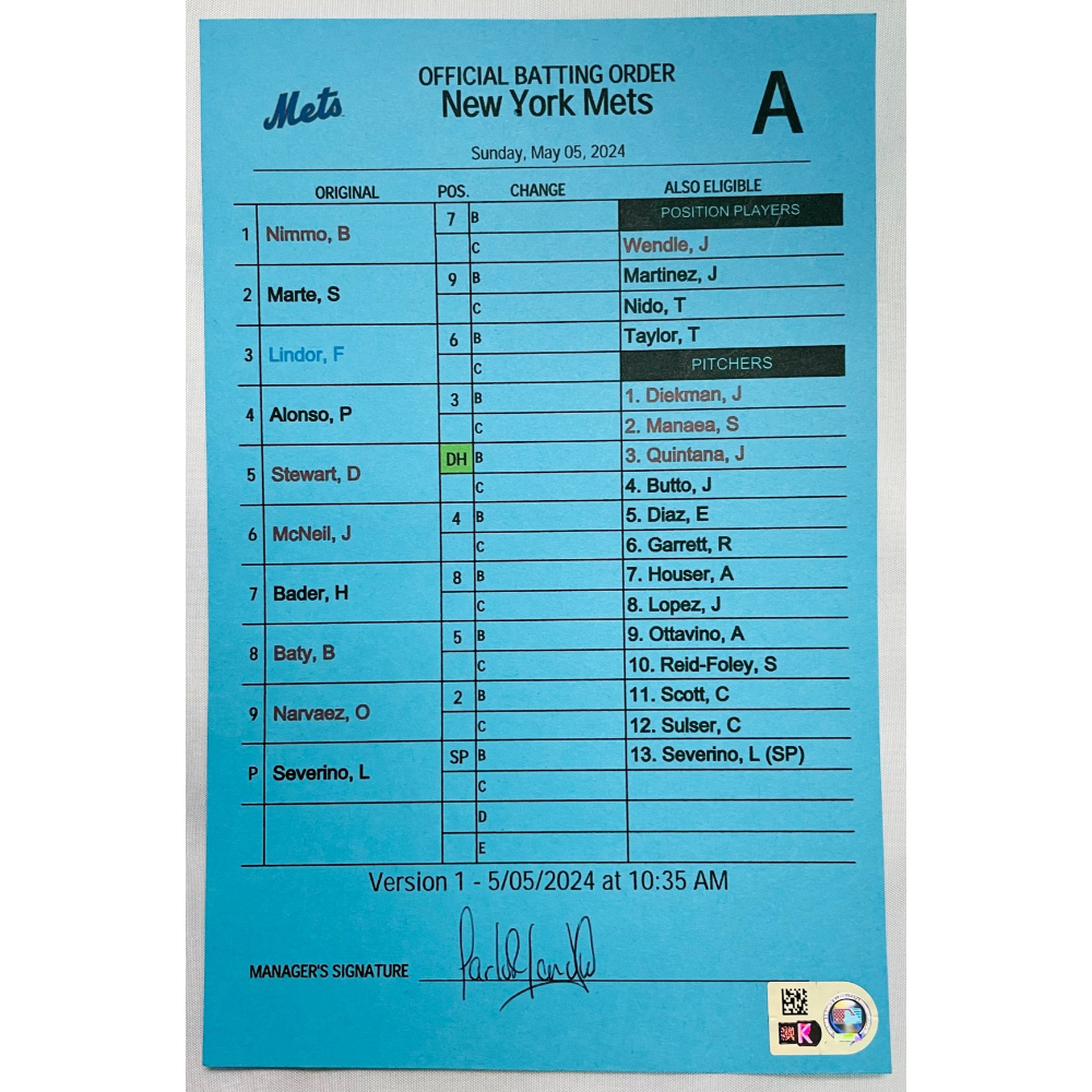 Game Used Batting Order Cards Package Tampa Bay Rays v New York Mets